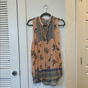 Nostalgia Peach Floral Boho Tank with Embroidered Yoke